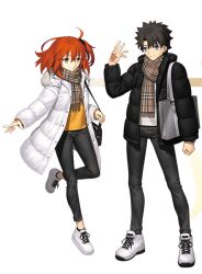  1boy 1girl ahoge bag black_bag black_hair black_jacket black_pants black_socks blue_eyes brown_scarf buttons clenched_hand closed_mouth command_spell crossed_bangs down_jacket fate/grand_order fate_(series) fujimaru_ritsuka_(female) fujimaru_ritsuka_(female)_(winter_casual) fujimaru_ritsuka_(male) fujimaru_ritsuka_(male)_(winter_casual) full_body fur-trimmed_jacket fur_trim grey_bag hair_between_eyes hair_ornament hand_up holding holding_bag jacket lapels long_sleeves looking_at_another non-web_source official_alternate_costume official_art open_clothes open_jacket pants plaid_clothes plaid_scarf puffy_long_sleeves puffy_sleeves scarf shoes short_hair side_ponytail simple_background smile sneakers socks standing standing_on_one_leg sweater transparent_background white_jacket white_shoes white_sweater yellow_eyes yellow_sweater 
