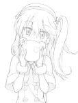  1girl bag boko_(girls_und_panzer) capelet carrying coat commentary covering_mouth fur-trimmed_capelet fur_trim girls_und_panzer gloves graphite_(medium) greyscale hair_ribbon handbag holding kayabakoro light_blush long_hair long_sleeves looking_at_viewer monochrome one_side_up ribbon shimada_arisu solo traditional_media upper_body valentine 