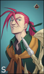  1boy :3 black_border border closed_mouth commentary fire_emblem fire_emblem:_radiant_dawn gradient_background green_eyes highres long_hair male_focus ponytail red_hair shinon_(fire_emblem) simple_background smug solo tuinen 