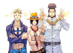  ! 3boys abs bead_necklace beads beard_stubble belt belt_buckle black_eyes black_hair blonde_hair brown_hair buckle chef chest_tattoo commentary_request facial_hair freckles goatee hat hat_ornament jacket jewelry lealee0325 long_sleeves looking_at_viewer male_focus marco_(one_piece) multiple_boys necklace one_piece open_clothes orange_hat pompadour portgas_d._ace purple_jacket scar scar_on_face short_hair simple_background smile stubble tattoo thatch_(one_piece) v white_background 
