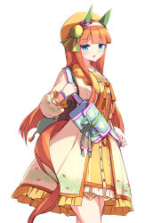  1girl absurdres animal_ears bag beret blue_eyes blunt_bangs blush commentary_request cosplay dress ear_covers hair_between_eyes hairband hat highres hime_cut horse_ears horse_girl horse_tail kanzakietc long_hair long_sleeves looking_at_viewer matikanefukukitaru_(lucky_tidings)_(umamusume) matikanefukukitaru_(umamusume) matikanefukukitaru_(umamusume)_(cosplay) orange_dress orange_hair orange_tail parted_lips silence_suzuka_(umamusume) simple_background solo tail umamusume white_background white_hairband 