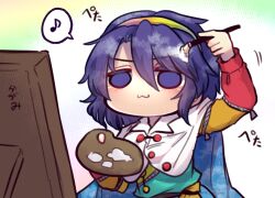  1girl :3 blue_eyes blue_hair blush cape cloak cloud_print commentary_request dress hairband multicolored_dress multicolored_hairband musical_note one-hour_drawing_challenge orange_sleeves paint_palette paintbrush patchwork_clothes rainbow_gradient short_hair sky_print solo speech_bubble spoken_musical_note tenkyuu_chimata touhou two-sided_cape two-sided_fabric unime_seaflower white_cape white_cloak zipper zipper_pull_tab 