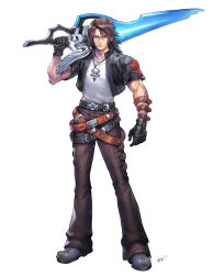  1boy absurdres arm_belt belt belt_buckle black_belt black_boots black_gloves black_jacket black_pants blue_eyes boots brown_belt brown_eyes buckle closed_mouth cropped_jacket crossed_belts final_fantasy final_fantasy_viii full_body gloves gunblade hair_between_eyes highres holding holding_weapon jacket jewelry kingdom_hearts leather leather_jacket looking_at_viewer male_focus matsuda_(matsukichi) medium_hair muscular muscular_male necklace over_shoulder pants parted_bangs scar scar_on_face scar_on_forehead shirt short_sleeves signature silver_necklace solo squall_leonhart veins veiny_arms weapon weapon_over_shoulder white_background white_shirt 