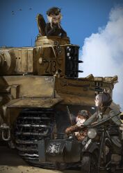  3girls absurdres animal_ears balkenkreuz black_hat black_jacket blonde_hair blue_sky brown_helmet brown_jacket camouflage camouflage_helmet camouflage_jacket cigarette combat_helmet commission cross driving glasses goggles goggles_around_neck goggles_on_headwear grey_eyes gun hat headphones_for_animal_ears helmet highres holding holding_cigarette jacket military_uniform military_vehicle motor_vehicle motorcycle multiple_girls on_motorcycle original outdoors peaked_cap pink_hair rifle round_eyewear shoulder_boards sidecar sky smoking ss_insignia stahlhelm tank the_zombie5555 tiger_i waffen-ss weapon weapon_on_back world_war_ii 