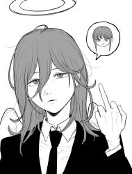  1boy 1girl angel angel_devil_(chainsaw_man) angel_wings chainsaw_man closed_mouth collared_shirt commentary_request hair_between_eyes halo highres jacket looking_at_viewer makima_(chainsaw_man) male_focus middle_finger necktie rigeshita shirt simple_background speech_bubble spoken_character suit_jacket white_background wings 