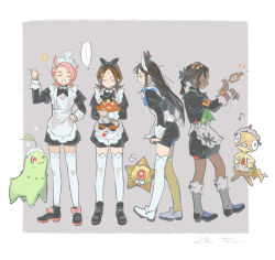  ... 2boys 2girls apron black_hair black_romper black_shoes border bow bowtie brown_hair chikorita closed_eyes commentary_request dark-skinned_male dark_skin grey_background harmony_(pokemon) highres lida_(pokemon) long_hair maid_apron maid_headdress multiple_boys multiple_girls naveen_(pokemon) noir_(ibaraki) open_mouth outside_border parted_bangs parted_hair pink_hair pokemon pokemon_legends:_z-a romper scraggy shoes short_hair simple_background smile speech_bubble spoken_ellipsis star_(symbol) staryu tepig thigh-highs undercut urbain_(pokemon) white_border white_bow white_bowtie white_shoes white_thighhighs 