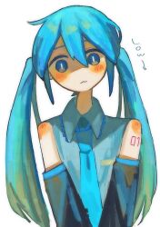  1girl :3 aqua_eyes aqua_necktie arm_tattoo bare_shoulders blue_eyes blush closed_mouth collared_shirt detached_sleeves english_text grey_shirt hair_between_eyes hatsune_miku highres izayoi_(i34i22w) long_hair looking_at_viewer low_twintails necktie shirt simple_background solo tattoo twintails vocaloid white_background 