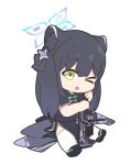  &gt;_o 1girl animal_ear_fluff animal_ears bangs black_dress black_footwear black_hair blue_archive chibi china_dress chinese_clothes dress full_body green_eyes gun hair_between_eyes halo holding holding_gun holding_weapon long_hair nyaru_(nyaru_4126) one_eye_closed open_mouth pelvic_curtain shoe_soles shoes short_sleeves shun_(blue_archive) shun_(small)_(blue_archive) simple_background sitting solo thigh-highs twintails weapon weapon_request white_background white_legwear 