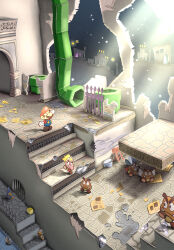  block_(object) blonde_hair blue_overalls blush_stickers brown_shoes closed_mouth coin commentary_request facial_hair fang fang_out full_body gate gloves goomba goombella hammer_bro hat helmet highres in-universe_location magikoopa maribou_(supermaribou) mario mustache overalls paper_mario paper_mario:_the_thousand-year_door paragoomba ponytail red_hair shoes stairs standing super_mario_bros. underground warp_pipe 