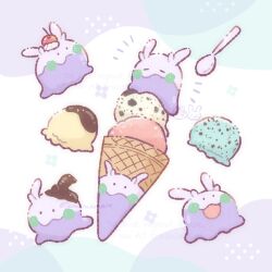  cherry chocolate closed_mouth commentary_request food fruit goomy highres ice_cream ice_cream_cone no_humans open_mouth pokemon pokemon_(creature) pokemon_focus spoon temariame14 violet_eyes whipped_cream 
