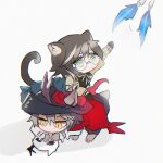  2boys animal_ears arknights blouse blue_feathers brown_hair cape cat_boy cat_ears cat_tail chibi feathers full_body glasses gloves hat multiple_boys mustang22 phantom_(arknights) playwright_(arknights) quill reaching_out red_cape shirt simple_background tail white_background 