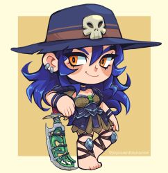  1girl armor armored_skirt artist_name barefoot blue_choker blue_hair breasts chibi choker commentary commission dang_(runescape) earrings english_commentary full_body hair_between_eyes hat highres holding holding_sword holding_weapon jade_(gemstone) jewelry joanna_went_bananas knee_pads leaning_on_weapon long_bangs long_hair medium_breasts old_school_runescape orange_eyes original runescape second-party_source shoulder_armor simple_background single_earring smile solo standing sword thick_eyebrows weapon yellow_background yellow_eyes 