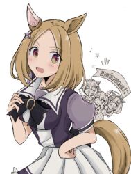  4girls :d admire_vega_(umamusume) ahoge animal_ears banner black_bow bow breasts chibi chibi_inset closed_eyes closed_mouth commentary_request crown forehead hair_between_eyes horse_ears horse_girl horse_tail long_hair medium_breasts meisho_doto_(umamusume) mini_crown multiple_girls narita_top_road_(umamusume) notice_lines parted_bangs pleated_skirt puffy_short_sleeves puffy_sleeves purple_shirt red_eyes school_uniform shirt short_sleeves simple_background skirt smile solo_focus star_(symbol) t.m._opera_o_(umamusume) tail tracen_school_uniform umamusume usako_(umauma0602) v-shaped_eyebrows white_background white_skirt 