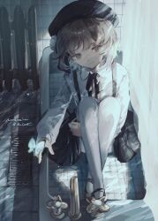  1girl beret black_bow black_bowtie black_hat black_shoes black_skirt bow bowtie brown_eyes bug butterfly closed_mouth collared_shirt crossed_ankles empty_bathtub faucet flower full_body grate hair_flower hair_ornament hashtag-only_commentary hat hatoba_tsugu heater highres holding_own_leg in_bathtub long_sleeves looking_at_viewer mary_janes pantyhose puffy_long_sleeves puffy_sleeves rose ruoruomi sewer_grate shirt shoes sidelighting sitting skirt smile solo suspender_skirt suspenders tile_floor tiles tsugu_(vtuber) twitter_username white_flower white_pantyhose white_rose white_shirt 