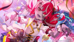  1girl :d absurdres ahoge back_bow balloon black_bow black_nails bow bowtie collared_shirt colored_skin colored_tongue commentary_request concert confetti copyright_name corset diamond-shaped_pupils diamond_(shape) double_bun fangs gradient_eyes green_eyes grey_hair grey_skin hair_bun hat headset highres hololive hololive_dreams hololive_indonesia kureiji_ollie layered_skirt looking_at_viewer mini_hat mismatched_pupils multicolored_eyes nail_polish official_art open_mouth outstretched_arms patchwork_skin pink_hair puffy_short_sleeves puffy_sleeves purple_tongue red_bow red_bowtie red_eyes red_hair shirt short_sleeves skirt smile solo stitched_arm stitched_face stitches straight-on symbol-shaped_pupils tilted_headwear virtual_youtuber waist_bow white_hat white_shirt white_skirt wrist_cuffs x-shaped_pupils yellow_eyes zombie zombie_pose 