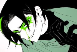  1boy animification black_gloves black_hair commentary_request dripping facepaint gloves green_eyes green_facepaint green_streaks green_theme grin haaa_om007ls hand_up korean_commentary looking_at_viewer male_focus morro multicolored_hair ninjago parted_bangs short_hair simple_background smile solo streaked_hair upper_body white_background 