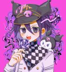  1boy :d bangs black_headwear blush buttons candy character_request checkered_clothes checkered_scarf copyright_request danganronpa_(series) danganronpa_v3:_killing_harmony double-breasted food grey_jacket hair_between_eyes highres holding holding_candy holding_food holding_lollipop jacket lollipop looking_at_viewer male_focus multicolored_hair open_mouth ouma_kokichi pemami_(mint_b_777) pink_background purple_hair scarf skull_ornament smile solo two-tone_hair 