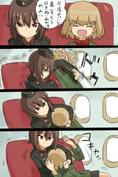  2girls aircraft airplane airplane_interior black_hat black_skirt blonde_hair brown_eyes brown_hair cobra_twist commando_(movie) commentary_request cross fang garrison_cap girls_und_panzer green_jacket hat indoors iron_cross jacket katyusha_(girls_und_panzer) kuromorimine_military_uniform long_sleeves military military_hat military_jacket military_uniform multiple_girls nishizumi_maho open_mouth pravda_school_uniform rabbit_inoue red_shirt scene_reference school_uniform shirt short_hair skirt smile translation_request turtleneck 
