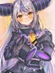  1girl ame929 bangs black_jacket blush grey_hair hair_behind_ear head_tilt highres hololive horns jacket la+_darknesss long_hair looking_at_viewer necktie orange_eyes pointy_ears purple_hair sleeves_past_fingers sleeves_past_wrists smile solo very_long_hair virtual_youtuber yellow_necktie 