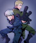 2boys axis_powers_hetalia blonde_hair blue_eyes boots brothers cloumello crossed_arms foreshortening germany_(hetalia) gloves grin hair_slicked_back highres leather leather_gloves looking_at_viewer looking_back male_focus military military_uniform multiple_boys prussia_(hetalia) reaching_out red_eyes short_hair siblings sideways_glance smile twitter_username uniform v-shaped_eyebrows white_hair 