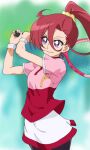  1girl arms_up asymmetrical_bangs bangs black_legwear blurry blurry_background closed_mouth commentary day hair_between_eyes hair_ornament hair_scrunchie hair_up highres holding holding_racket kayabakoro long_hair looking_to_the_side miniskirt outdoors pantyhose pink_shirt ponytail precure racket redhead scrunchie shirt short_sleeves skirt smile solo sportswear swinging takizawa_asuka tennis_racket tennis_uniform tropical-rouge!_precure violet_eyes white_skirt wristband yellow_scrunchie 