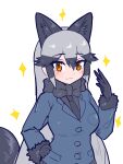  1girl :3 animal_ears aramaru bangs black_bow black_bowtie black_gloves black_hair black_necktie black_shirt blazer blue_jacket bow bowtie brown_eyes closed_mouth commentary extra_ears fox_ears fox_tail fur-trimmed_sleeves fur_collar fur_trim gloves gradient_hair grey_hair hand_on_hip highres jacket kemono_friends long_hair long_sleeves looking_at_viewer multicolored_hair necktie shirt silver_fox_(kemono_friends) simple_background smile solo sparkle tail upper_body very_long_hair white_background 