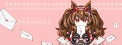  1girl angelina_(arknights) animal_ears arknights black_gloves bright_pupils brown_hair coat covering_own_mouth earpiece floating_paper fox_ears fox_girl gloves hairband hands_up highres holding holding_letter letter long_hair long_sleeves looking_at_viewer love_letter medium_hair multicolored_gloves multicolored_hairband off_shoulder open_clothes open_coat pink_background red_eyes red_hairband sleepyowl_(jobkung15) solo striped_clothes striped_hairband twintails two-tone_gloves two-tone_hairband upper_body white_coat white_gloves white_pupils 