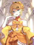  1girl aku_no_musume_(vocaloid) bare_shoulders blonde_hair bow bowtie castle_interior colored_eyelashes commentary_request detached_collar dress flower frilled_sleeves frills hair_bow hair_ornament hairclip high_ponytail highres indoors kagamine_rin light_particles long_sleeves neck_flower off-shoulder_dress off_shoulder orange_bow orange_bowtie riliane_lucifen_d&#039;autriche rose sidelocks solo sunlight vocaloid waka_(wk4444) wide_sleeves yellow_dress yellow_flower yellow_rose 