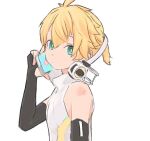  1boy aqua_eyes bare_shoulders black_gloves blonde_hair d_futagosaikyou dot_mouth elbow_gloves fingerless_gloves from_side gloves hand_up headphones headphones_around_neck high_collar holding holding_phone kagamine_len kagamine_len_(append) looking_at_viewer looking_to_the_side male_focus phone shirt short_ponytail simple_background sleeveless sleeveless_shirt solo upper_body vocaloid vocaloid_append white_background white_shirt 