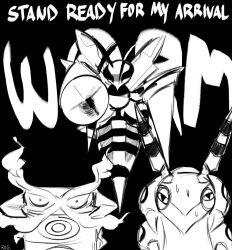  aiming aiming_at_viewer antennae artist_name bee beedrill behind_another black_background bug centipede centiskorch constricted_pupils english_text fire full_body greyscale highres horns insect_wings invincible_(series) mega_beedrill mega_pokemon meme monochrome nervous nervous_sweating no_humans pokemon pokemon_(creature) pokemon_focus pun regi scared scolipede simple_background stand_ready_for_my_arrival_worm_(meme) stinger sweat text_background wings 