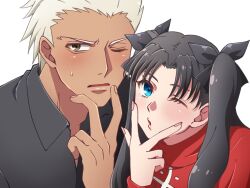  1boy 1girl archer_(fate) black_hair blue_eyes blush dark-skinned_male dark_skin fate/stay_night fate_(series) hair_ribbon highres long_hair long_sleeves looking_at_viewer one_eye_closed open_mouth ribbon shirt simple_background sweatdrop syateeeee tohsaka_rin two_side_up v v_over_mouth w w_over_mouth white_background white_hair 