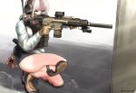  1girl absurdres aiming airsoft assault_rifle fn_scar gloves goggles gun headset highres holding holding_gun holding_weapon hood hoodie knee_pads mask one_knee original pink_hair rifle short_shorts shorts solo stuffed_animal stuffed_toy suppressor teddy_bear utsucan weapon 