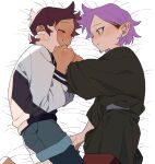  2girls amity_blight black_nails brown_hair couple dayama denim denim_shorts hand_on_another&#039;s_face jacket legwear_under_shorts letterman_jacket light_blush looking_at_another luz_noceda multiple_girls on_bed pantyhose pointy_ears purple_hair short_hair shorts smile the_owl_house yellow_eyes yuri 