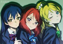  3girls artist_name ayase_eli behind_another blazer blonde_hair blue_bow blue_bowtie blue_eyes blue_hair blue_jacket bow bowtie closed_mouth commentary diagonal-striped_bow diagonal-striped_bowtie diagonal-striped_clothes english_commentary front-to-back green_bow green_bowtie himuhino jacket long_hair looking_at_viewer love_live! love_live!_school_idol_project medium_hair multiple_girls nishikino_maki one_eye_closed otonokizaka_school_uniform parted_lips ponytail red_bow red_bowtie red_hair school_uniform smile sonoda_umi striped_bow striped_bowtie striped_clothes upper_body violet_eyes winter_uniform yellow_eyes 