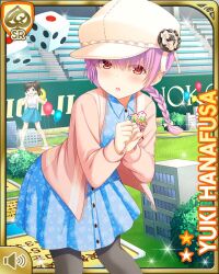  2girls balloon black_pantyhose blue_dress braid cardigan clenched_hands dice dress floral_print floral_print_dress girlfriend_(kari) hair_over_shoulder hanafusa_yuki hat knees long_bangs looking_at_viewer multiple_girls official_art orange_cardigan pantyhose pink_hair print_dress qp:flapper red_eyes single_braid solo_focus standing white_hat 