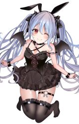  1girl absurdres alternate_costume animal_ears black_bow black_choker black_thighhighs blue_hair bow choker commentary demon_wings fake_animal_ears hair_bow highres hololive honnoshioriii looking_at_viewer o-ring o-ring_thigh_strap orange_eyes rabbit-shaped_pupils rabbit_ears rabbit_o-ring smile solo symbol-only_commentary symbol-shaped_pupils thigh-highs thigh_strap twintails usada_pekora virtual_youtuber white_background wings 