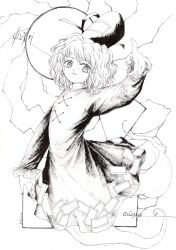  1girl absurdres arm_at_side arm_up commentary_request cross-laced_clothes cross-laced_dress dress flat_chest floating full_body ghost_girl ghost_tail greyscale hat highres lightning looking_at_viewer medium_hair monochrome ofuda ofuda_on_clothes parted_lips schizos_dq soga_no_tojiko solo tate_eboshi touhou 