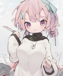  1girl absurdres blood blood_on_knife blue_bow blunt_bangs blush bow breasts commentary dated_commentary double-parted_bangs hair_bow highres holding holding_knife jewelry knife large_breasts long_sleeves looking_at_viewer necklace nep_(nep_76) open_mouth original pink_eyes pink_hair short_hair solo sweater upper_body white_sweater 