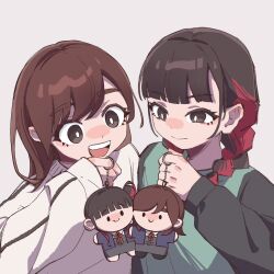  2girls animification black_eyes black_hair blunt_bangs braid bright_pupils brown_hair character_doll closed_mouth date_sayuri doll grey_background hair_bun hand_up holding kawa_(chuan_kawa_) long_hair long_sleeves love_live! love_live!_superstar!! multicolored_hair multiple_girls open_mouth real_life red_hair school_uniform simple_background single_hair_bun smile split_mouth teeth twin_braids two-tone_hair upper_body upper_teeth_only voice_actor white_pupils yabushima_akane yuigaoka_school_uniform 