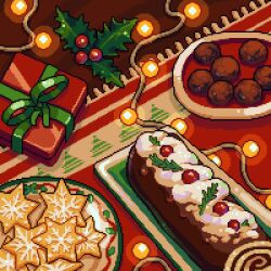  cake christmas_lights chrysope cookie food food_focus gift highres meatball no_humans original pixel_art plate swiss_roll 