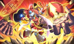  1girl assault_visor blue_visor commentary_request dowa_d_715 duel_masters energy_sword extra_arms gloves hagoromo highres holding holding_sword holding_weapon magic_circle miroku_(duel_masters) red_gloves robot_girl shawl slashing solo sword weapon 