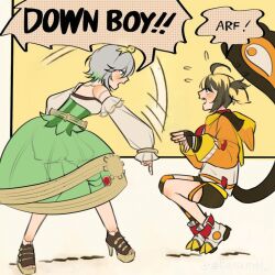  ahoge barking black_shorts brown_hair cecilia_immergreen cecilia_immergreen_(1st_costume) detached_collar detached_sleeves doll_joints down_boy!!_(meme) english_text from_side gigi_murin gigi_murin_(1st_costume) green_hair grey_hair hololive hololive_english hood hoodie joints meme multicolored_hair multiple_girls open_mouth orange_hoodie pointing pointing_down short_hair shorts shouting squatting tail two-tone_hair twoofy_desu virtual_youtuber 