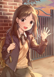  1girl backpack bag blazer brick_wall brown_hair collared_shirt commentary_request gate holding_strap jacket light_particles long_hair long_sleeves neck_ribbon open_clothes open_jacket open_mouth original outdoors ribbon school_gateway school_uniform shirt skirt smile solo sunset sweater unya_(unya-unya) waving 