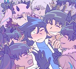 >_< 1boy 6+girls @_@ black_eyes black_gloves black_hair blue_eyes blue_hair blush brown_jacket cosplay earrings fang fate/grand_order fate/stay_night fate/strange_fake fate_(series) fillia_(fate) fujimaru_ritsuka_(male) fujimaru_ritsuka_(male)_(decisive_battle_chaldea_uniform) fujimaru_ritsuka_(male)_(decisive_battle_chaldea_uniform)_(cosplay) gloves harem highres hoop_earrings horns ishtar_(fate) ishtar_(swimsuit_rider)_(fate) jacket jewelry mole mole_under_eye multiple_girls multiple_persona one_eye_closed open_mouth original pink_hair reverse_trap space_ishtar_(fate) space_ishtar_(first_ascension)_(fate) space_ishtar_(second_ascension)_(fate) space_ishtar_(third_ascension)_(fate) tohsaka_rin two_side_up vincent-san vinny_(vincent-san) white_hair yellow_eyes yuri