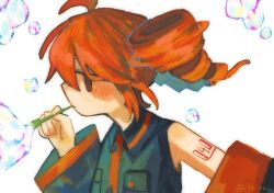  1girl ahoge arm_tattoo black_shirt blowing_bubbles blush bubble bubble_pipe closed_mouth collared_shirt commentary detached_sleeves drill_hair highres izayoi_(i34i22w) kasane_teto kasane_teto_(utau) red_eyes red_hair shirt short_hair sleeveless sleeveless_shirt solid_eyes solo symbol-only_commentary tattoo twin_drills twitter_username upper_body utau white_background 