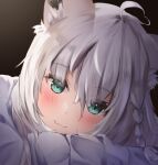  1girl :3 ahoge animal_ear_fluff animal_ears bangs blush braid commentary_request fox_ears fox_girl green_eyes hair_between_eyes head_rest highres hololive looking_at_viewer shirakami_fubuki shirt sidelocks single_braid solo uechin_ewokaku virtual_youtuber white_hair white_shirt 