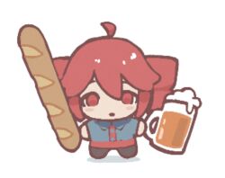  1girl ahoge alcohol baguette beer beer_mug blush_stickers branchpuzzle bread chibi chibi_only commentary cup drill_hair food full_body hashtag-only_commentary holding holding_cup holding_food kasane_teto kasane_teto_(utau) mug red_eyes red_hair solo twin_drills utau 