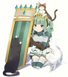  1girl animal_on_head aqua_gemstone armor armored_legwear bangs belt black_cat blunt_bangs blush breastplate brown_belt brown_cat brown_gloves bug butterfly cat closed_eyes crown elbow_gloves frilled_skirt frills fujishiro_emyu futaba_sana gem gloves green_eyes green_gemstone green_hair green_sweater hair_bobbles hair_ornament highres jewelry looking_at_animal magia_record:_mahou_shoujo_madoka_magica_gaiden magical_girl mahou_shoujo_madoka_magica multiple_cats necklace nuzzle on_head ribbed_legwear ribbed_sweater scratching shield sidelocks simple_background sitting skirt smile solo sweater thigh-highs turtleneck turtleneck_sweater twintails veil wariza wavy_hair white_background white_cat white_skirt yellow_butterfly zettai_ryouiki 