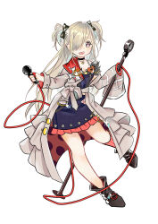  1girl asymmetrical_sleeves badge belt belt_buckle black_belt black_boots black_bow blonde_hair blue_skirt blue_tank_top boots bow brooch brown_coat buckle cable chili_(pixiv_23103186) coat commentary_request dot_nose frilled_coat frilled_skirt frills full_body girls_frontline hair_bow hair_over_one_eye happy heart heart_brooch highres hk21_(chain_breaker)_(girls'_frontline) hk21_(girls'_frontline) holding holding_microphone holding_microphone_stand idol jewelry kneehighs light_blush long_hair long_sleeves looking_ahead microphone microphone_stand midriff miniskirt official_alternate_costume open_clothes open_coat open_mouth polka_dot_coat red_coat red_socks shoe_belt simple_background single_kneehigh single_sock skirt sleeve_cuffs sleeves_past_fingers sleeves_past_wrists smile socks solo standing striped_clothes striped_socks tank_top tareme teeth two-sided_coat two-sided_fabric two_sidriver upper_teeth_only vertical-striped_clothes vertical-striped_socks very_long_hair violet_eyes white_background 