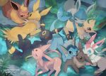  6+others commentary_request eevee espeon evolutionary_line flareon from_above glaceon highres jolteon kikuyoshi_(tracco) leafeon multiple_others no_humans open_mouth pokemon pokemon_(creature) rock scenery sylveon tail umbreon vaporeon 